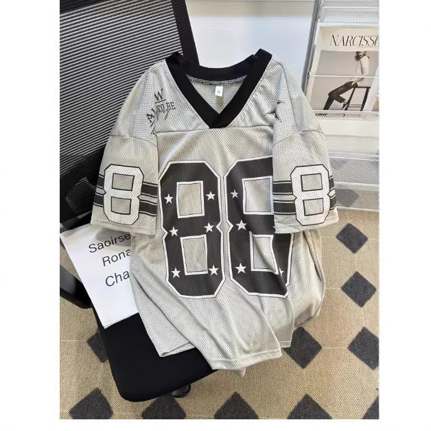 V-neck Loose Digital Printing Hollow Breathable Sports T-shirt